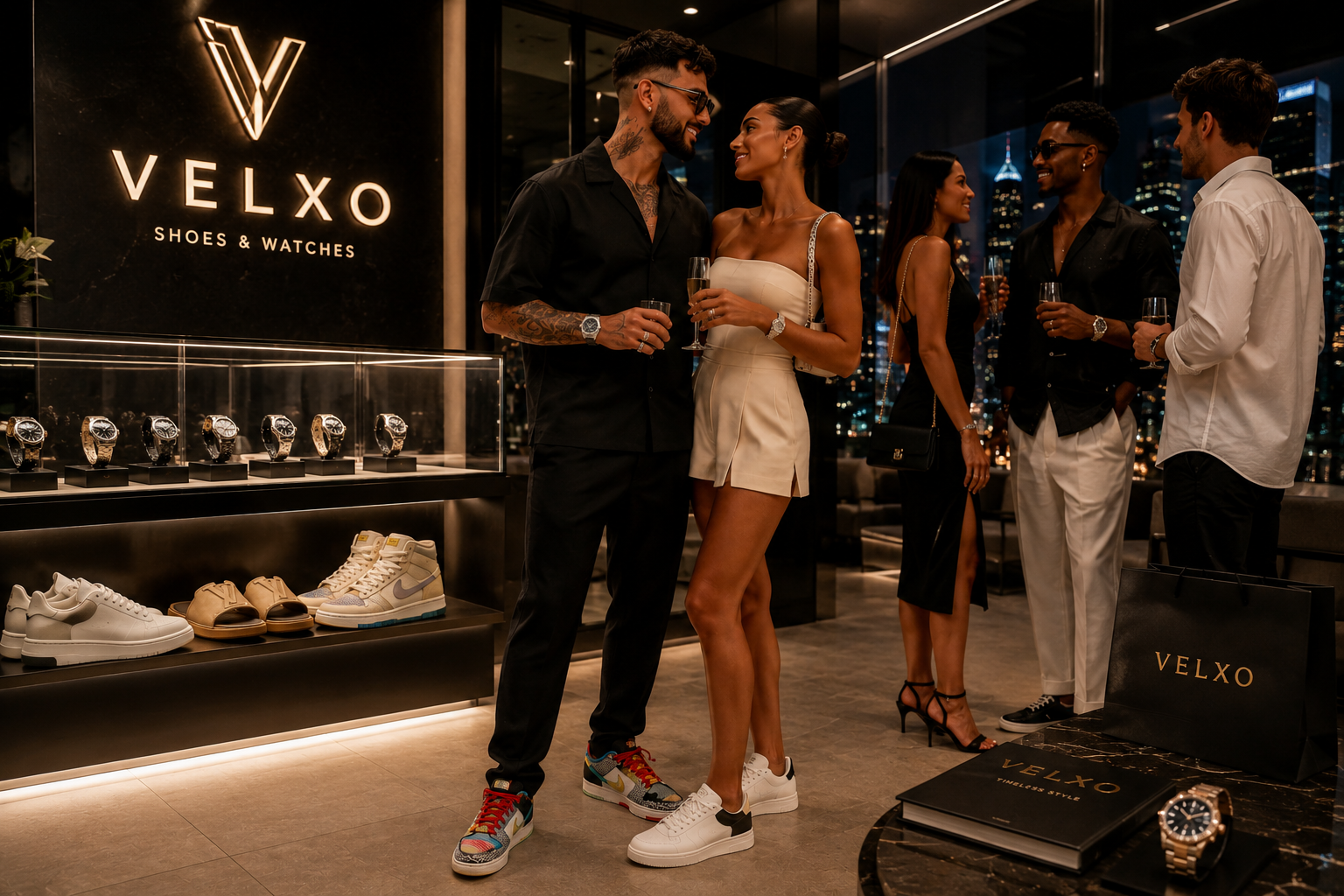 VELXO showroom with premium shoes and watches on display
